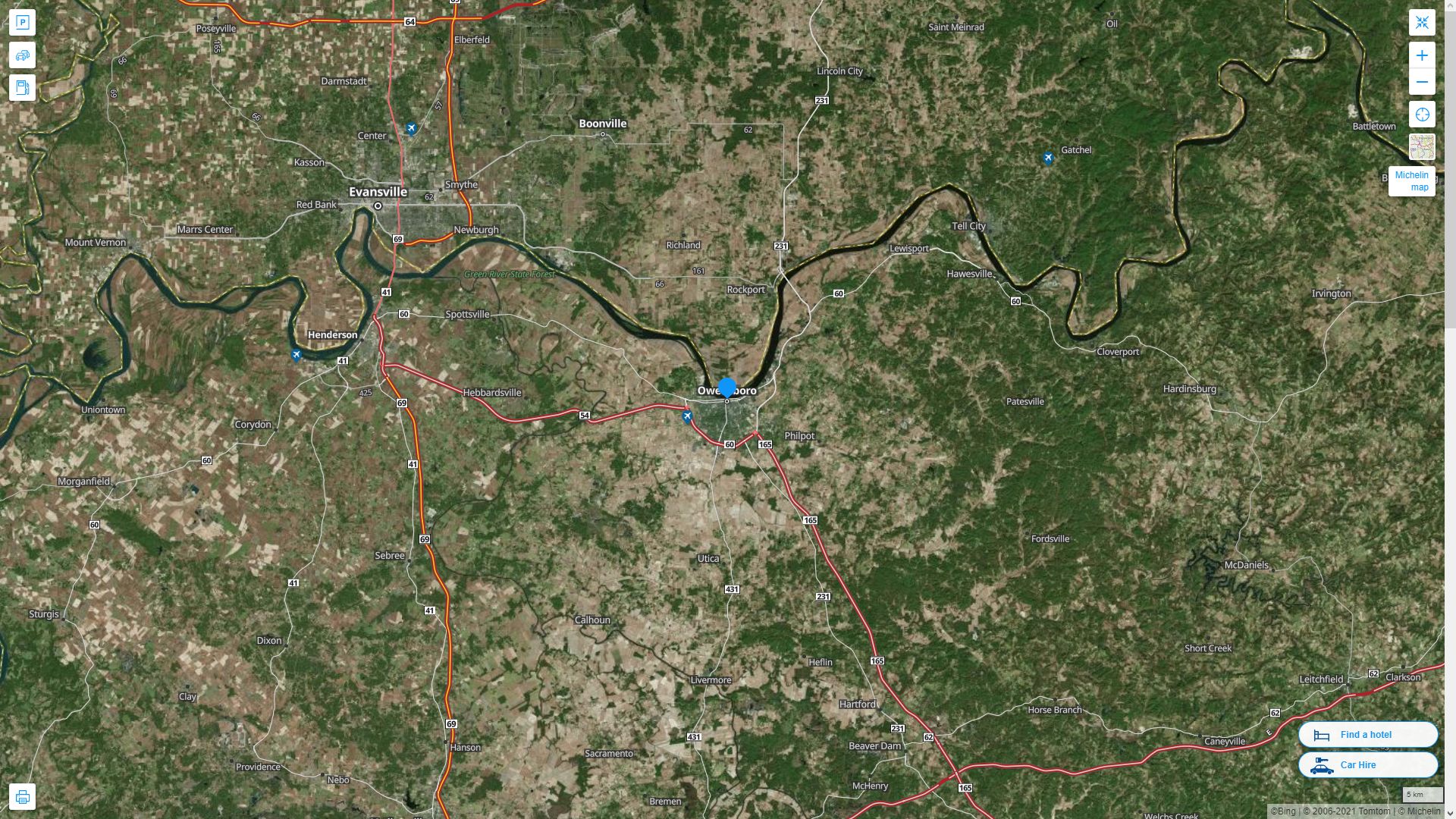 Owensboro Kentucky Highway and Road Map with Satellite View